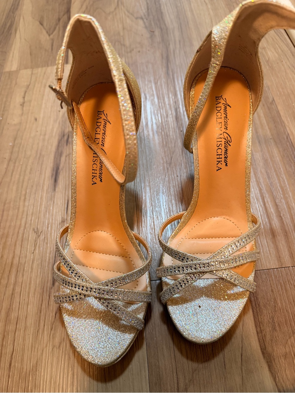 Badgley Mischka Champagne Glitter Strappy Heels